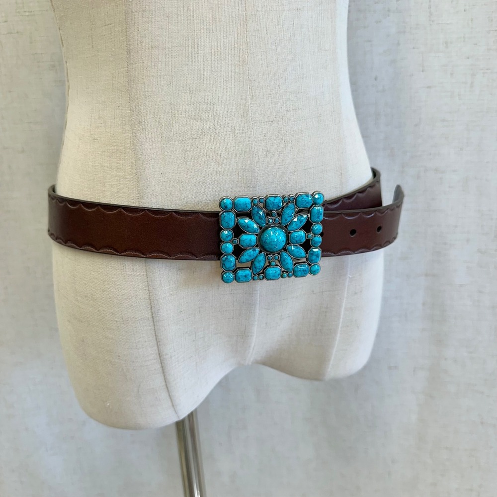 Western‎ Boho Turquoise Flower Buckle Brown Genuine Leather Belt XL - Picture 5 of 13